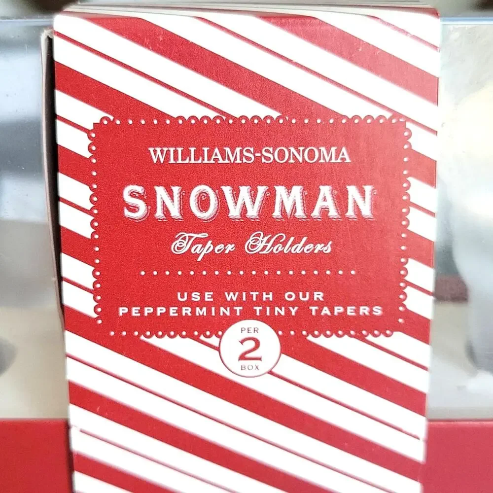 Vintage Williams Sonoma Snowman Tiny Taper Holder Clear Satin Glass Set Festive